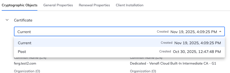 Screenshot of the object history drop-down menu