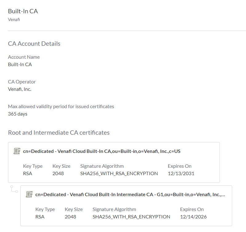 Screenshot of details about the Built-in CA account