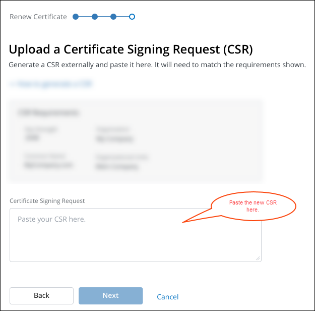 Upload a certificate signing request window