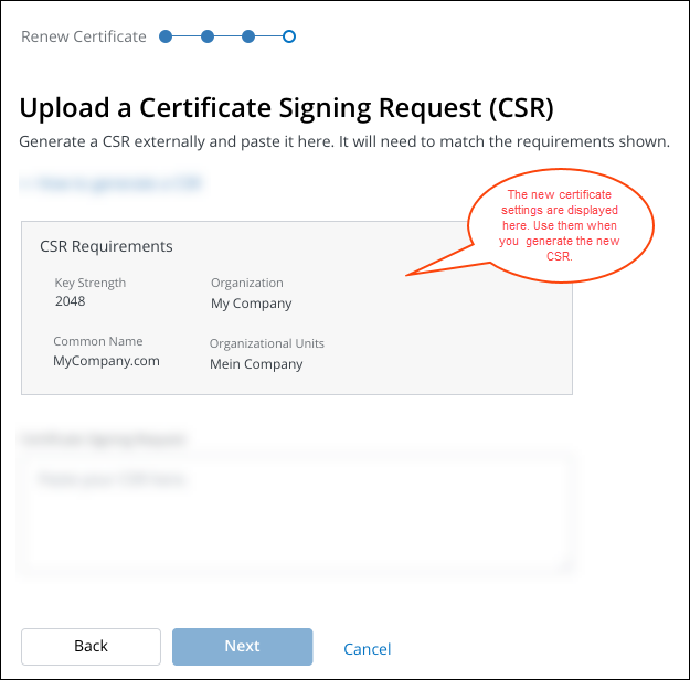 upload a certificate signing request window