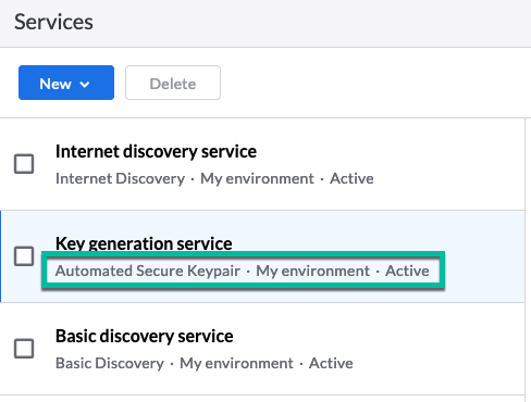 Screenshot showing the Key generation service