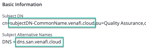 screenshot showing the location of the Subject DN Common Name and Subject Alternative Name DNS fields