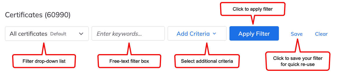 screenshot of the search filter, search box, and filter selector