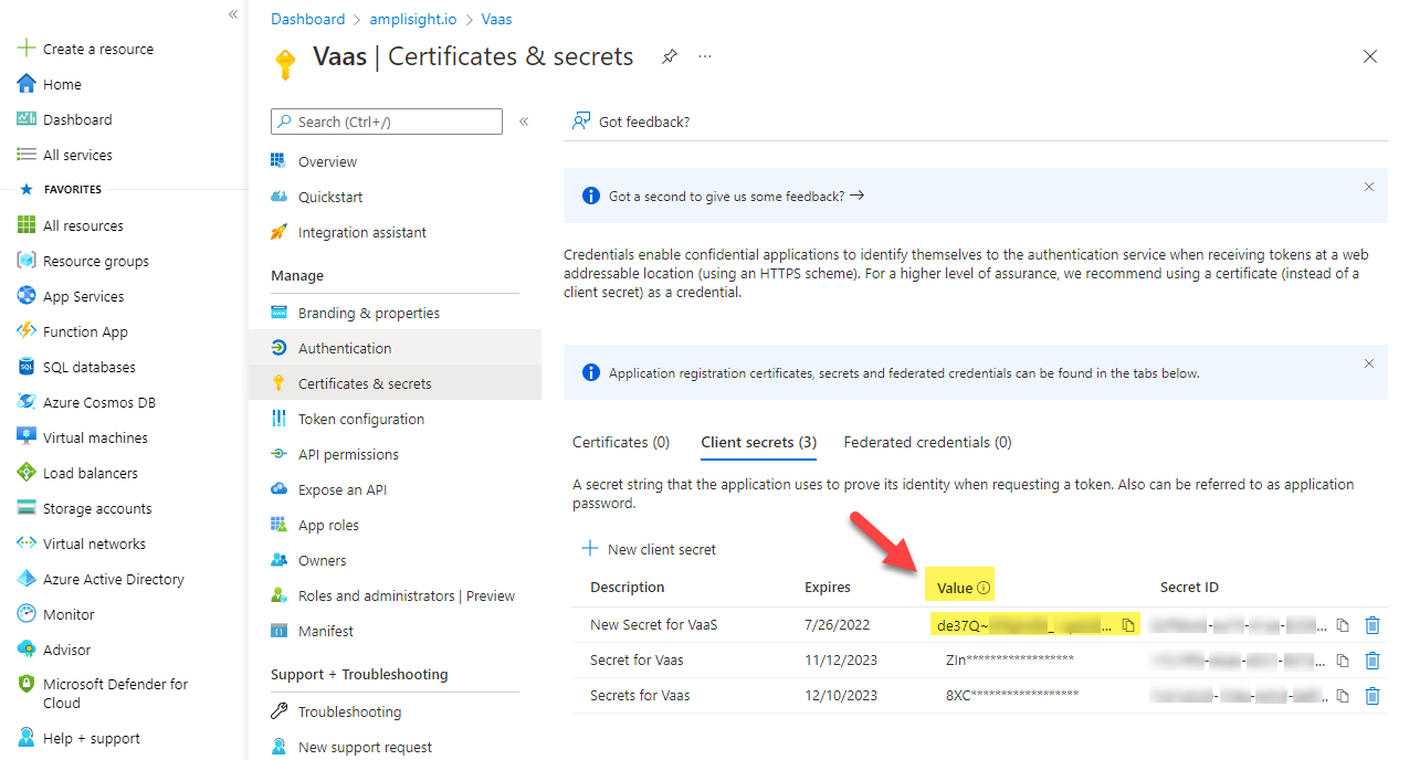 Screenshot of the _Certificates and secrets_ page in Azure